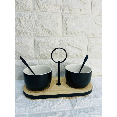 Bandeja de Bambu Com Molheiras E 2 Colheres