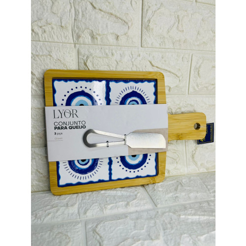 Conjunto 3 Peças Para Queijo Com Bandeja Faca E Tábua Olho Grego