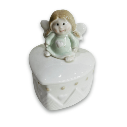 PORTA JOIA CORAÇÃO ANJO PORCELANA