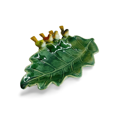 FRUTEIRA FOLHA COM 4 PASSARINHOS PORCELANA