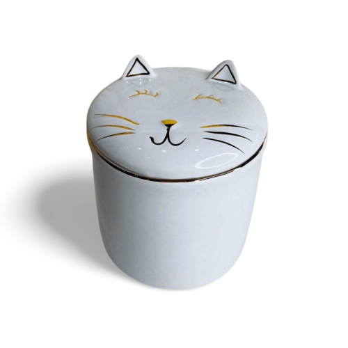 Pote de Cerâmica Gato Branco E Dourado
