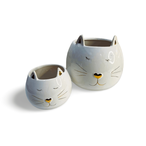 Potes de Cerâmica Gato Branco E Dourado