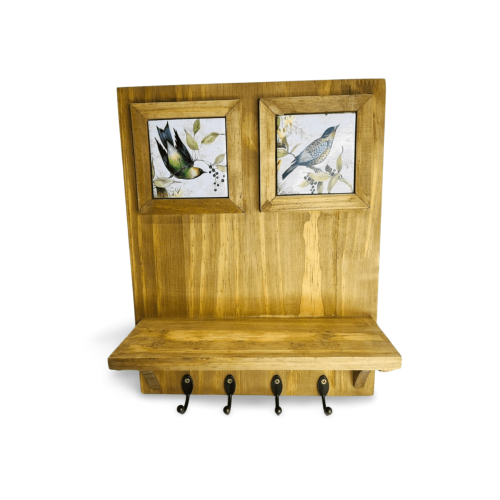 PRATELEIRA AZULEJOS E MADEIRA PÁSSAROS VERDE