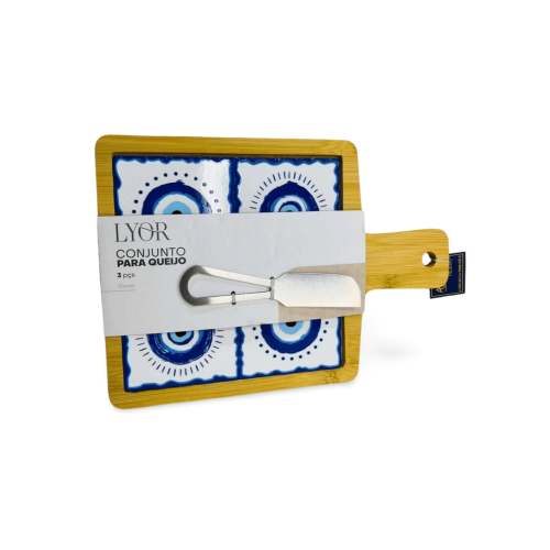 CONJUNTO 3 PEÇAS PARA QUEIJO COM BANDEJA FACA E TÁBUA OLHO GREGO