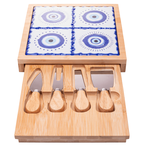 Conjunto 6 Peças Para Queijo Tábua Com Gaveta Olho Grego