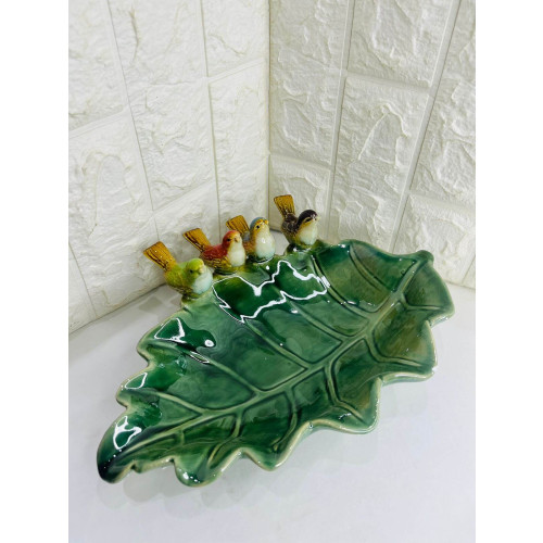 Fruteira Folha Com 4 Passarinhos Porcelana