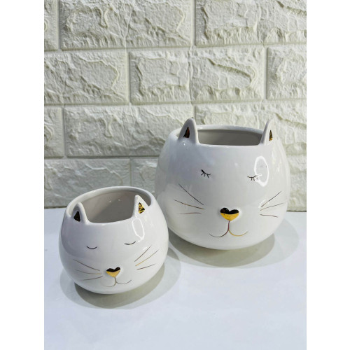 Potes de Cerâmica Gato Branco E Dourado
