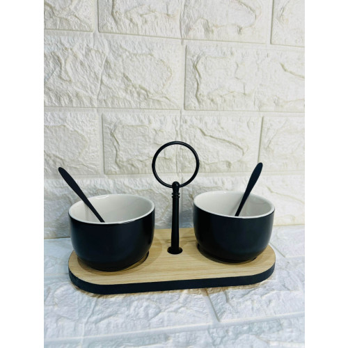 Bandeja de Bambu Com Molheiras E 2 Colheres